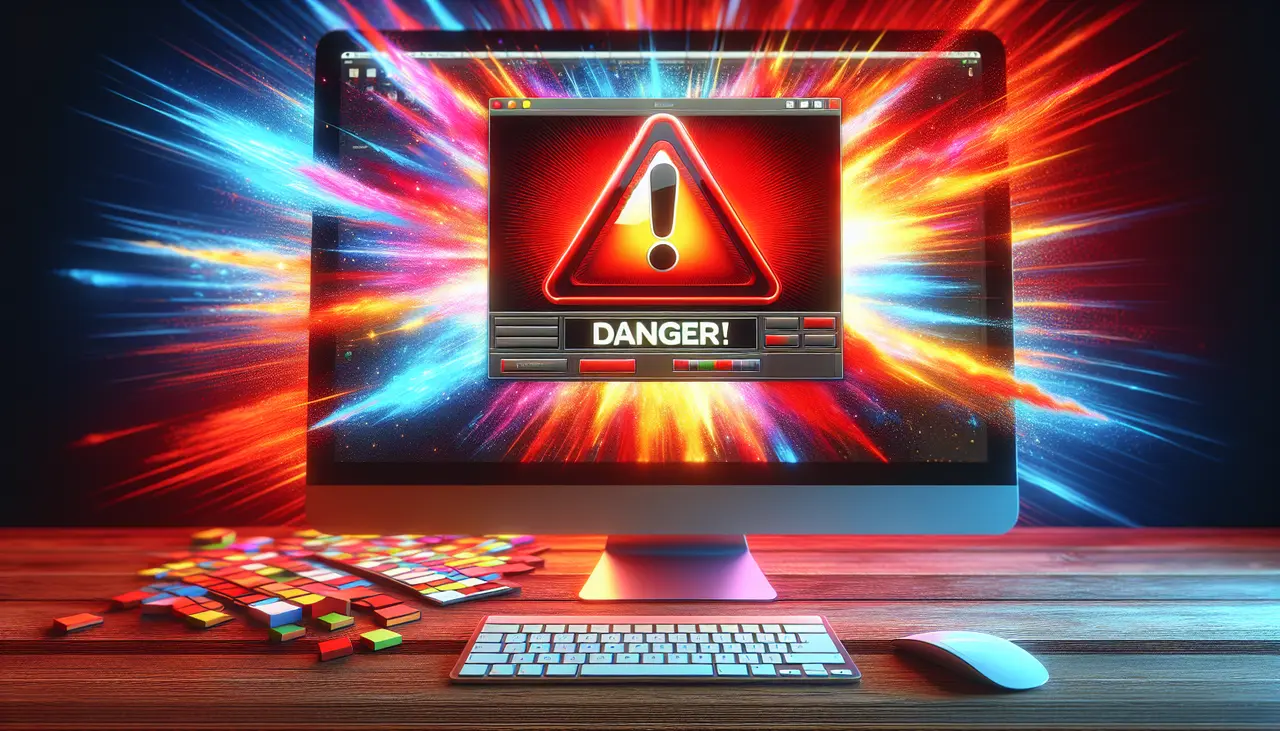 A computer screen displays a large red warning sign with the word DANGER! amid a burst of bright colorful lights, suggesting a digital or cyber threat. Nearby are a keyboard, mouse, and scattered puzzle cubes.