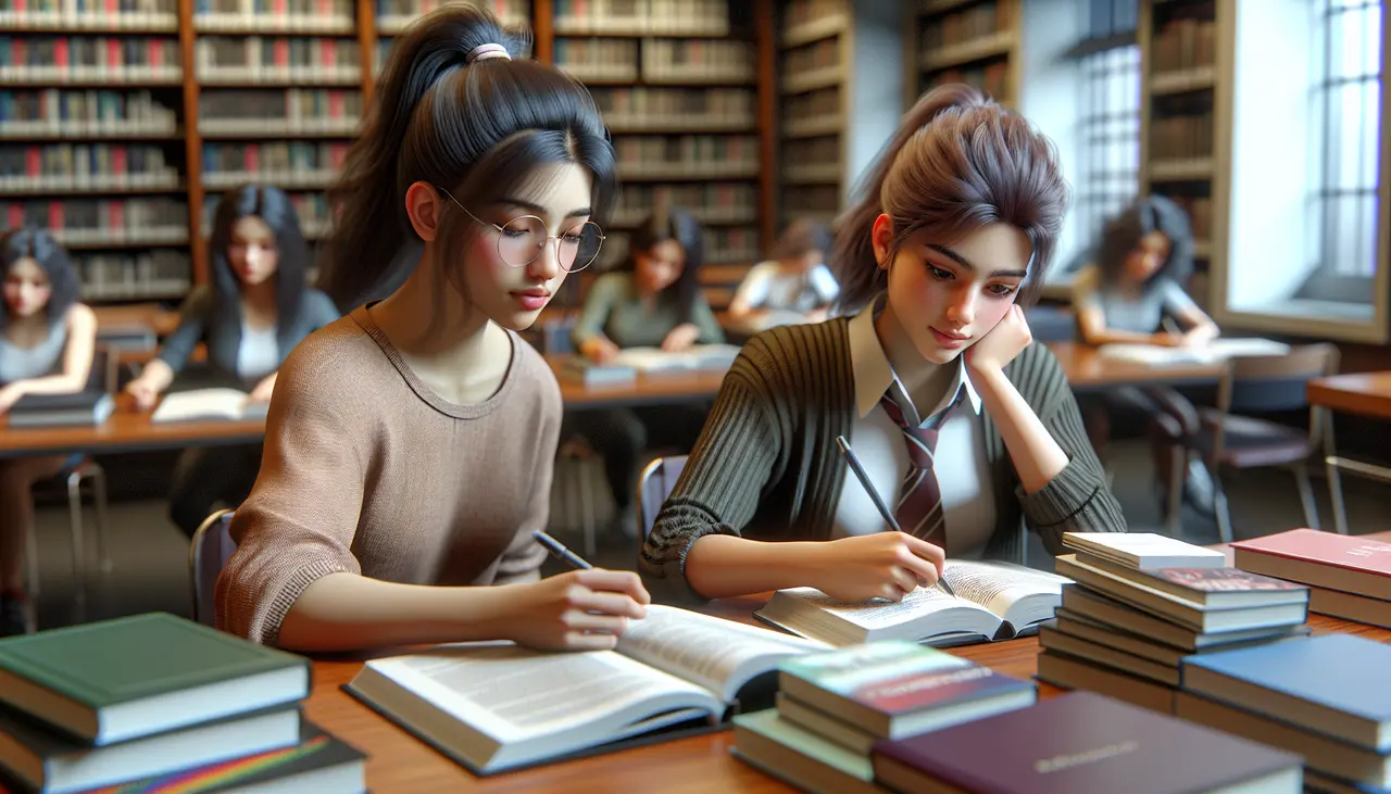 Two young women study together at a library table, surrounded by open books and stacks of books, with other students reading in the background.