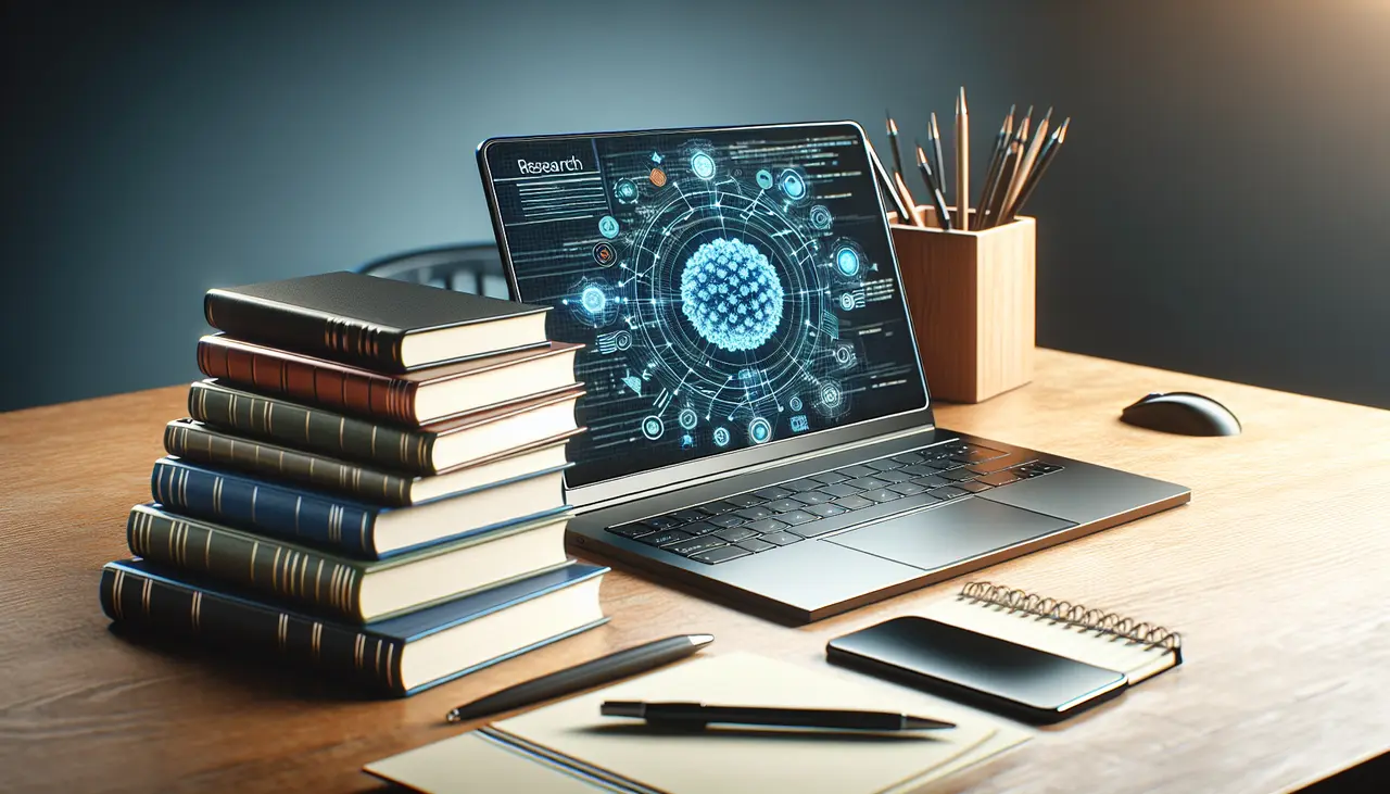 A laptop displaying a digital research interface sits on a desk with stacked books, notebooks, pencils in a holder, a pen, and a smartphone, suggesting a study or research workspace.