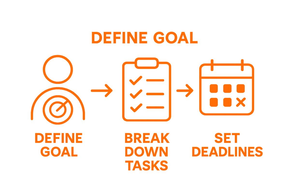Infographic showing define goal, break tasks, set deadlines steps