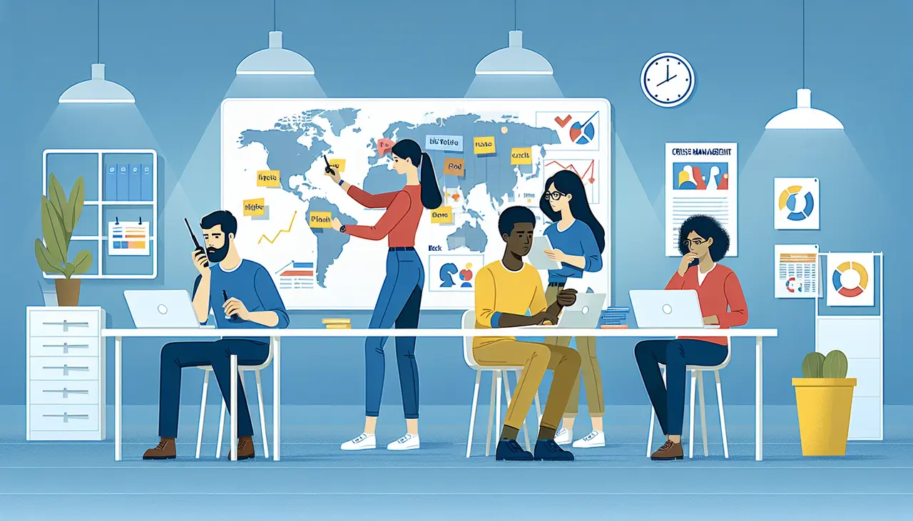 Five people work in a modern office, some at desks with laptops and notebooks, others collaborating by a world map on a whiteboard filled with charts and sticky notes; clocks and plants decorate the space.