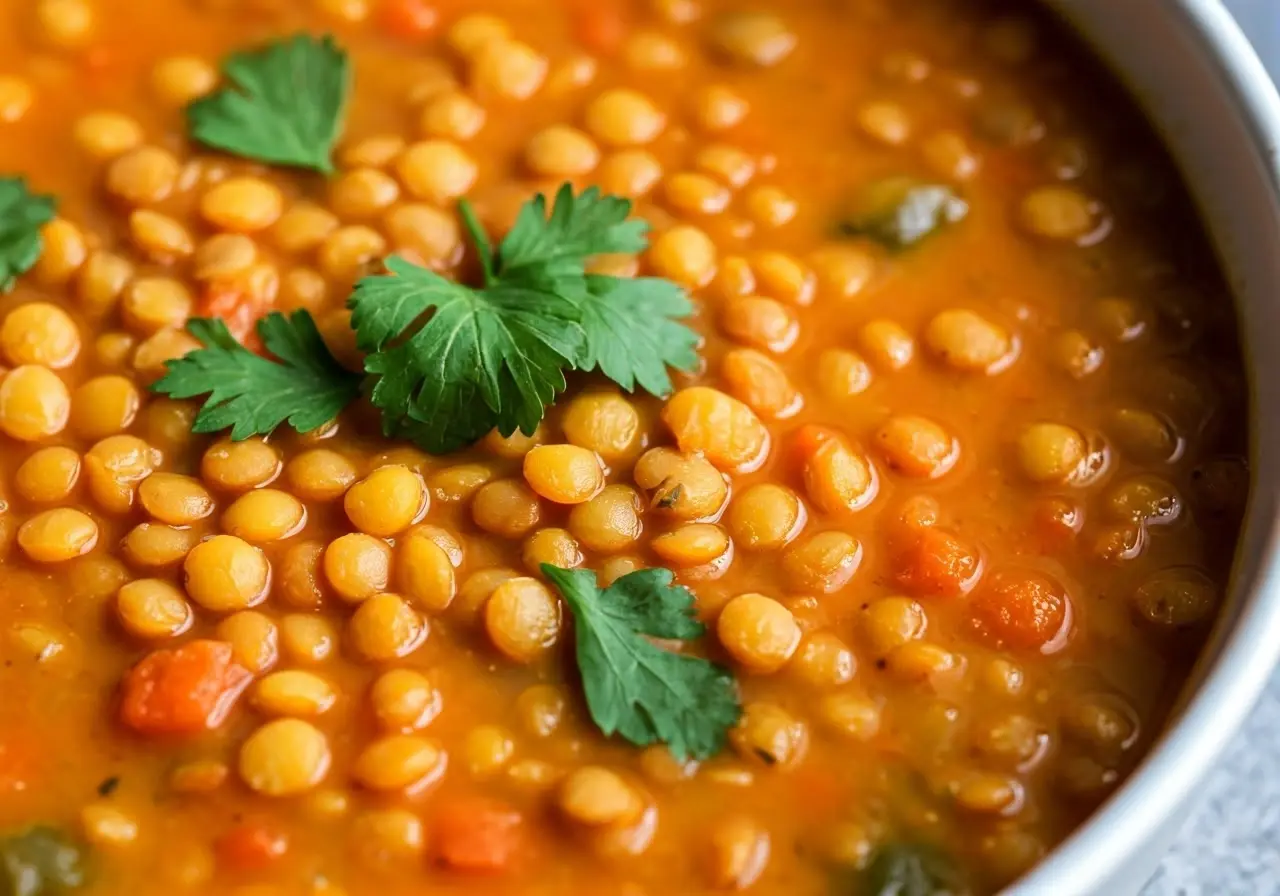 Close-up of a bowl of lentil soup with orange broth, garnished with fresh cilantro leaves. Visible are cooked lentils, small bits of vegetables, and herbs in a thick, hearty soup.