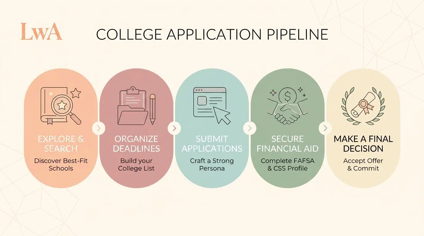 A minimal vector illustration showing the college application pipeline from search to final decision