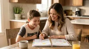 A woman and a boy smile while writing in a planner at a kitchen table with drinks. Sunlight fills the cozy, modern kitchen, creating a warm and inviting atmosphere.