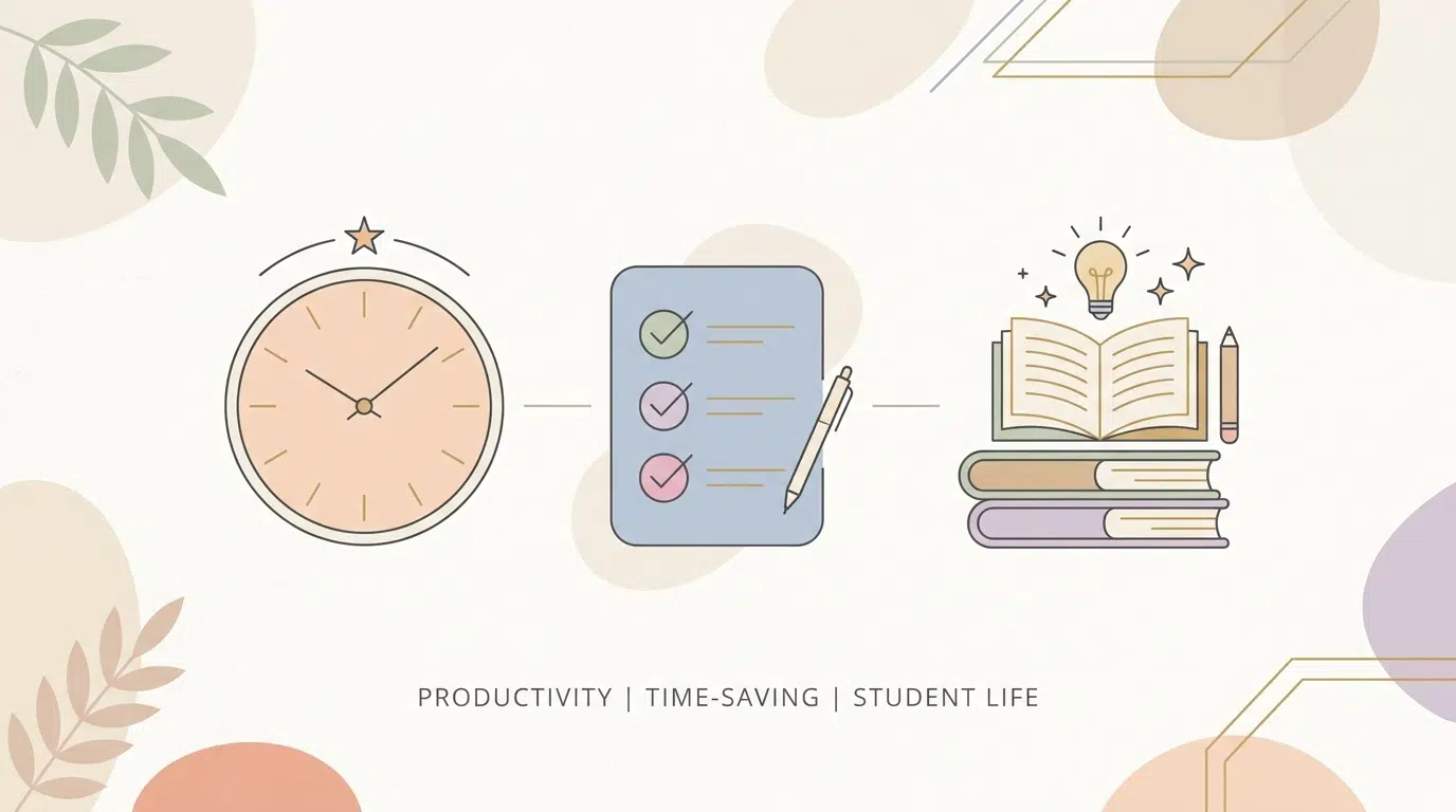 Minimal vector illustration of a clock, checklist, and study icons symbolizing time management