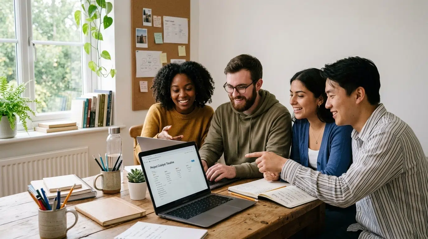 Diverse students collaborating around a laptop in a minimalist home office