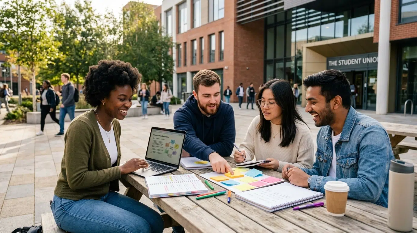 A high-quality photo of diverse students collaborating outdoors on a modern campus with a laptop, planner, sticky notes, and notebooks.