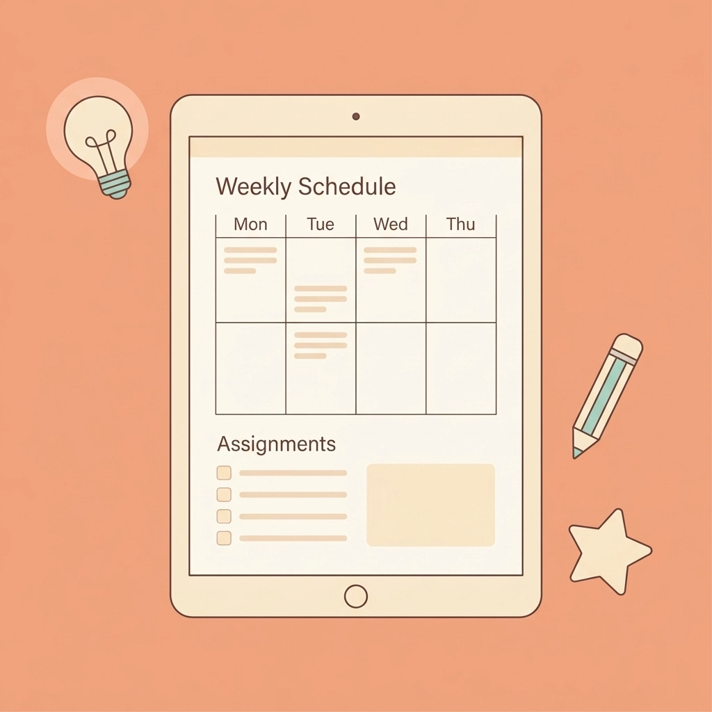 Minimalist vector illustration of a digital planner on a tablet with playful motifs