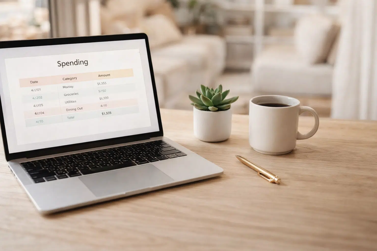 A laptop on a wooden desk displays a spending spreadsheet. Nearby are a pen, a small potted succulent, and a white coffee mug. The background shows a softly lit, cozy living room.