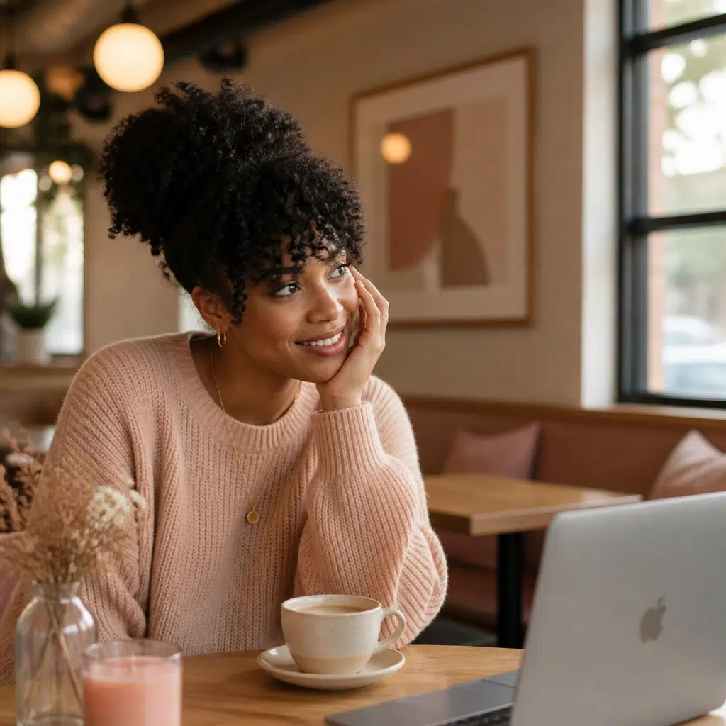 A diverse college student relaxing in a sunlit cafe with a cup of tea, looking away from their laptop