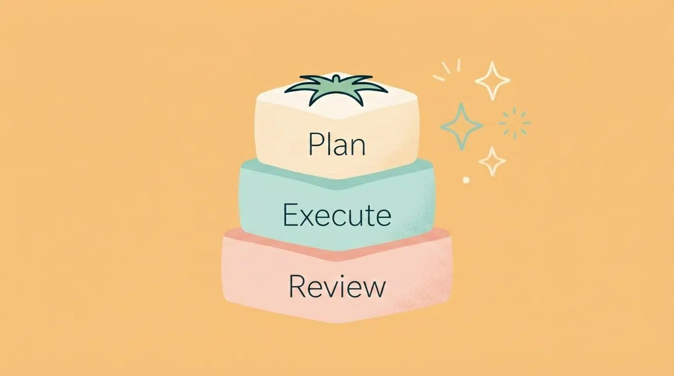 Minimalist vector illustration showing the concept of a Productivity Stack with 'Plan', 'Execute', and 'Review' blocks