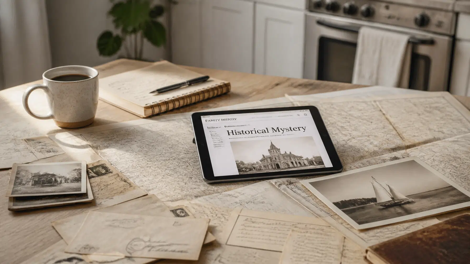 A kitchen table setup for a historical mystery project with maps and tablets.