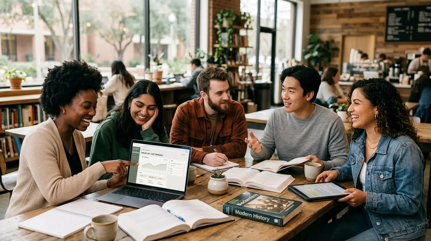 A high-quality photo of diverse college students studying together in a bright modern library-cafe setting with laptops, notebooks, and a subtle study dashboard on screen.