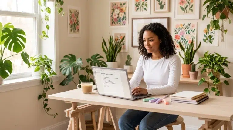 A woman sits at a desk working on a laptop in a bright room filled with plants and floral artwork. Notebooks, markers, and a mug are on the desk. Sunlight streams through the window.