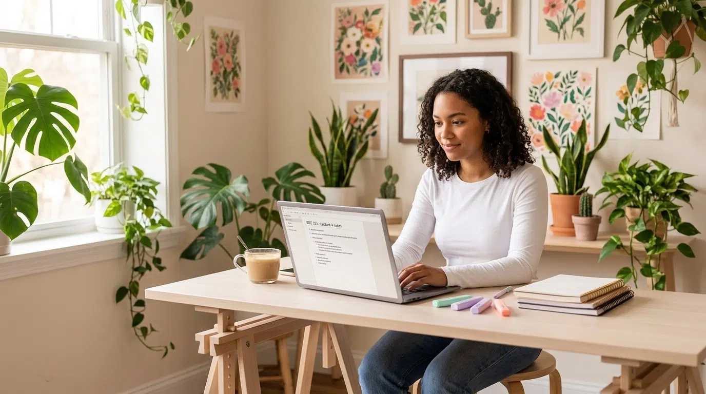 A woman sits at a desk working on a laptop in a bright room filled with plants and floral artwork. Notebooks, markers, and a mug are on the desk. Sunlight streams through the window.