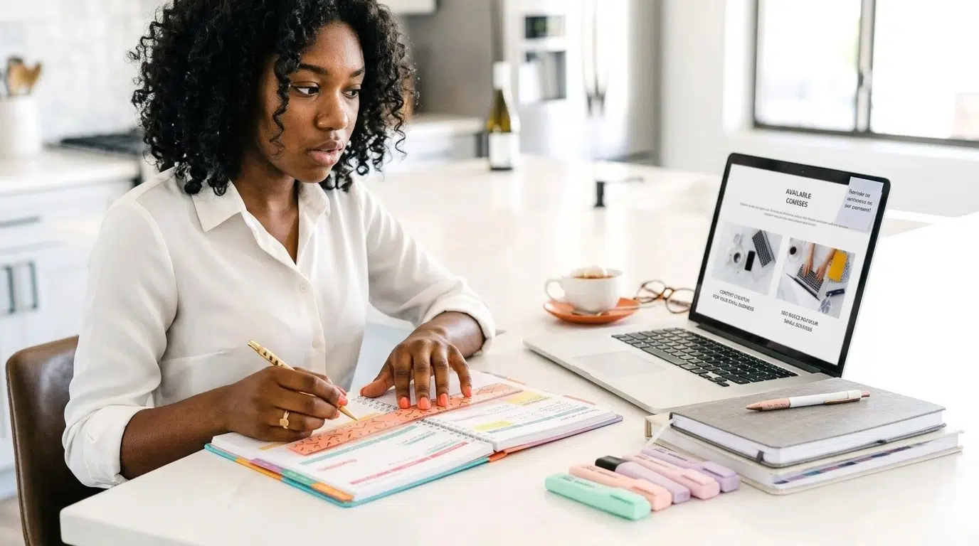 A woman sits at a table with a planner, writing with a pencil. A laptop, notebooks, pastel highlighters, and a cup of tea are also on the table. She appears focused and engaged in her work.