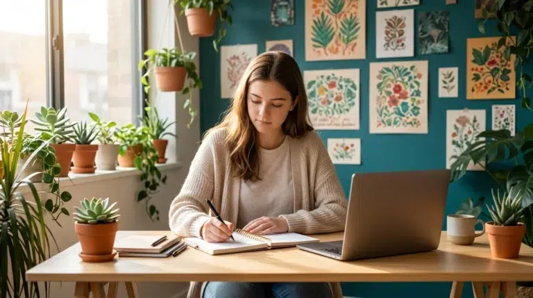 A young woman writes in a notebook at a desk with a laptop, surrounded by potted plants and colorful botanical art on a teal wall. Sunlight streams through a window, creating a cozy, creative workspace.