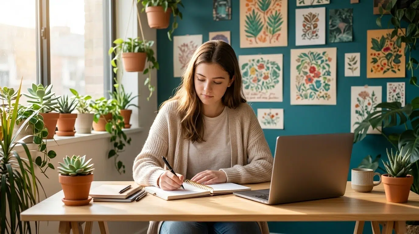 A student studying at a bright, organized wooden desk in natural sunlight.