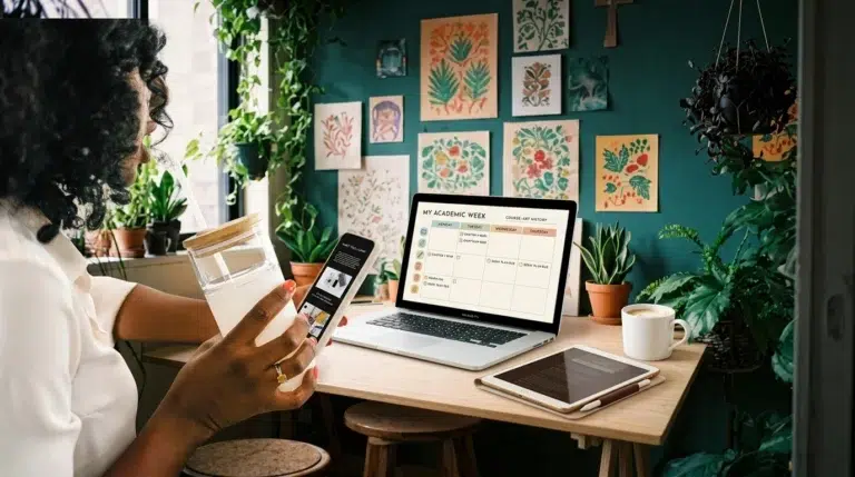 A person sits at a desk with a laptop displaying a weekly schedule, a tablet, a smartphone, and a glass of water. The workspace is decorated with plant prints and live plants, creating a cozy, creative atmosphere.