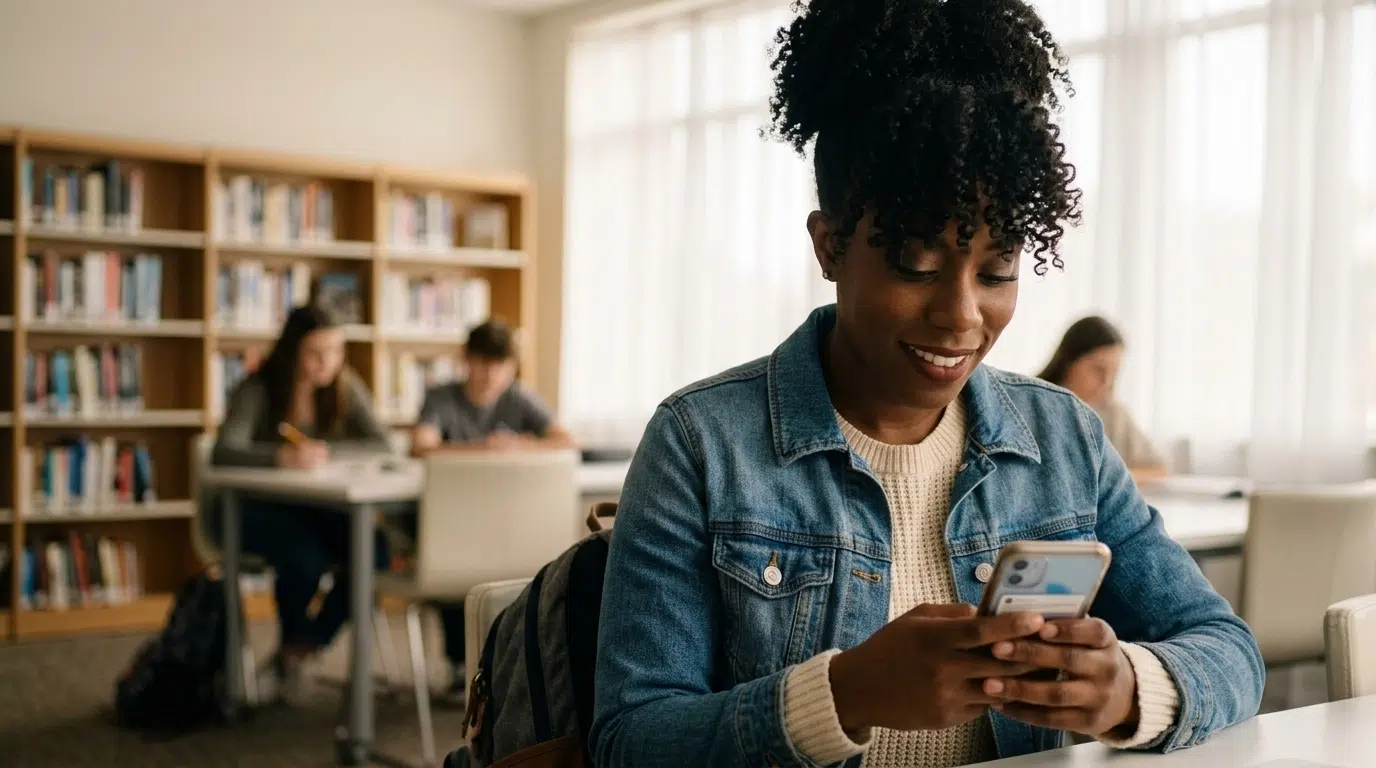 A student looking at their phone and smiling in a bright library