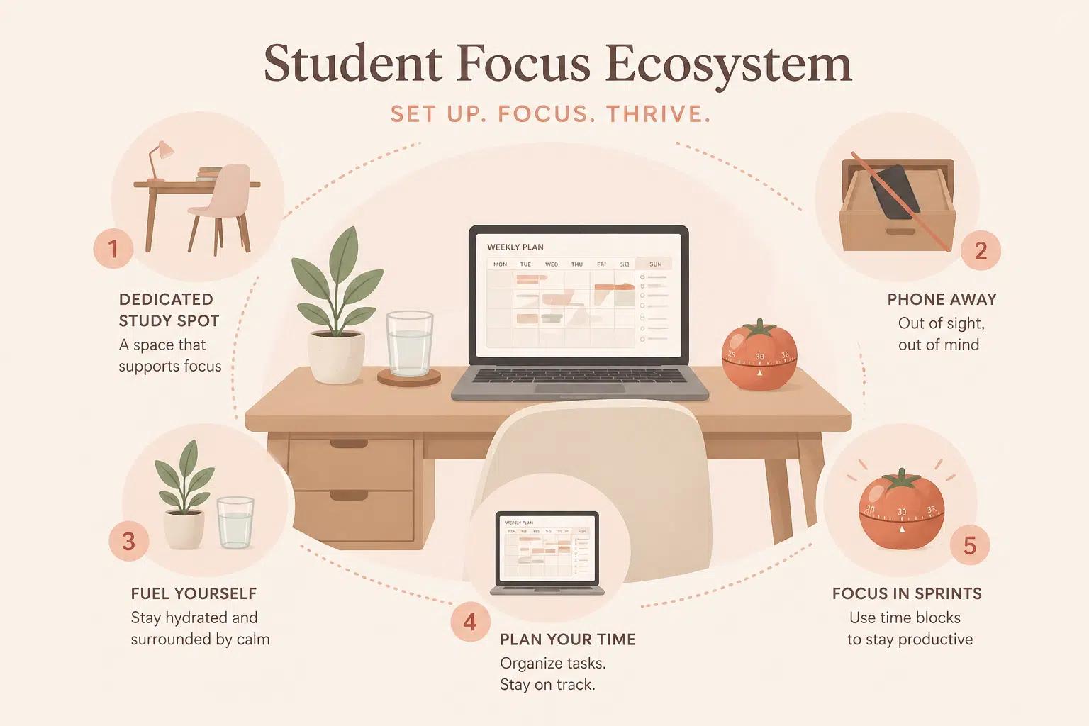 A clean, minimal vector infographic illustrating a 'Student Focus Ecosystem' with icons for a dedicated study spot, no phone zone, and digital planners.