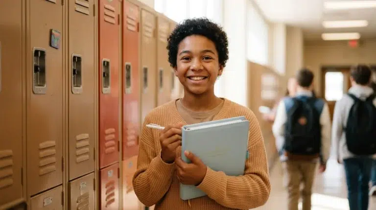 A smiling student stands in a hallway by lockers, holding a notebook and pen. Other students with backpacks are walking further down the hall.