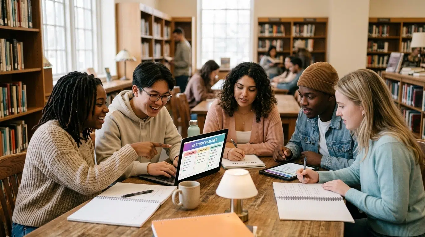 Five students sit around a table in a library, discussing and taking notes while looking at a laptop displaying a presentation. Bookshelves and other people studying are visible in the background.