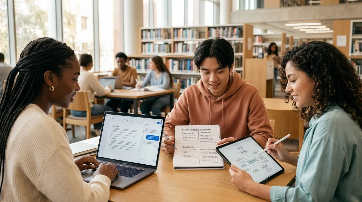A diverse group of college students studies together in a bright campus library. One student uses a laptop with an AI chat sidebar, another reviews a neatly structured notebook, and a nearby tablet shows a simple note hierarchy chart. The space feels warm, organized, and inclusive with natural lighting and softly blurred bookshelves in the background.