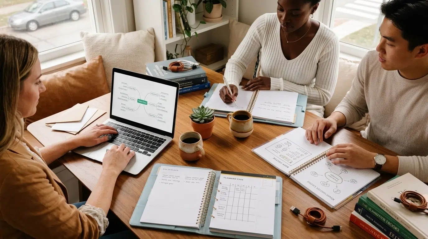A diverse group of students collaborates in a cozy cafe-style study setting. One works on a laptop, another reviews a planner, and a visible study chart and note outline add a helpful visual layer to the organized workspace.