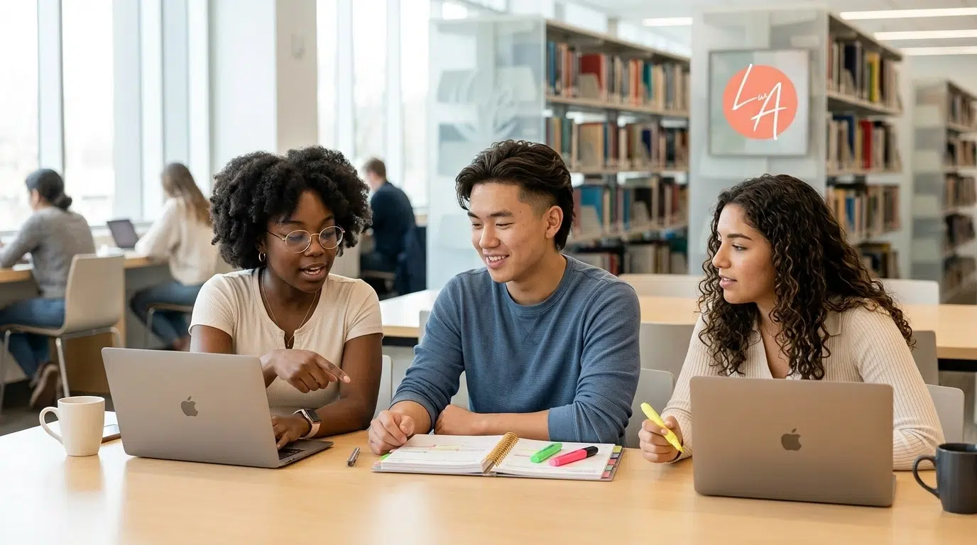 Three students sit at a library table with laptops and notebooks, discussing work together. They look focused and engaged, surrounded by bookshelves and natural light from large windows.