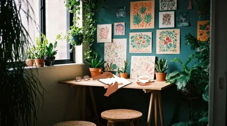A cozy workspace with a wooden desk, potted plants, botanical art on a green wall, a window with sunlight, two stools, a teapot, and an open notebook with illustrated hands writing.
