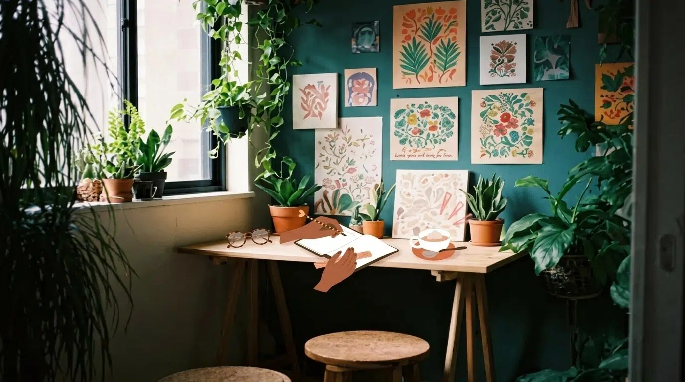 A cozy workspace with a wooden desk, potted plants, botanical art on a green wall, a window with sunlight, two stools, a teapot, and an open notebook with illustrated hands writing.