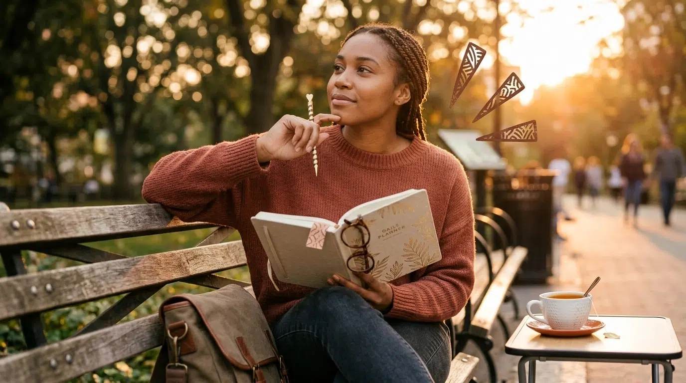A student sitting on a park bench at sunset, holding a planner and looking thoughtful, reflecting on their goals.
