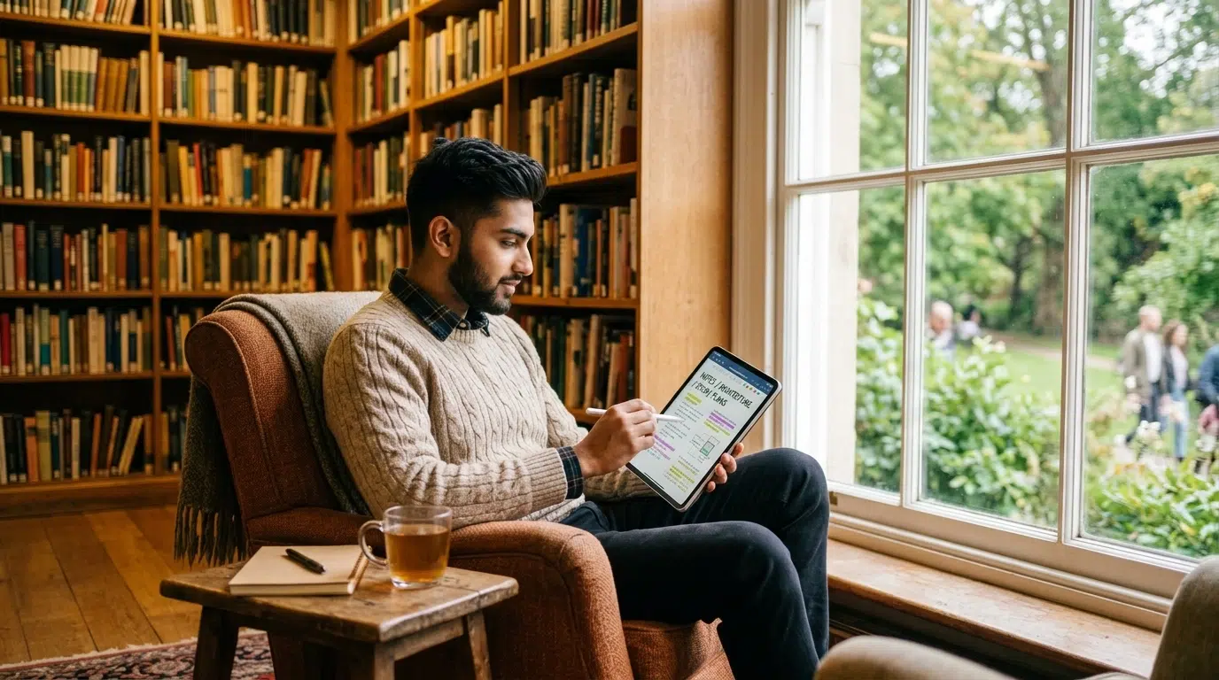 A student in a cozy library setting organizing digital notes on a tablet, looking calm and focused.