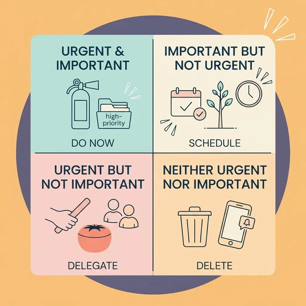 A minimal vector illustration of the Eisenhower Matrix showing four quadrants: Urgent & Important, Important but Not Urgent, Urgent but Not Important, and Neither.
