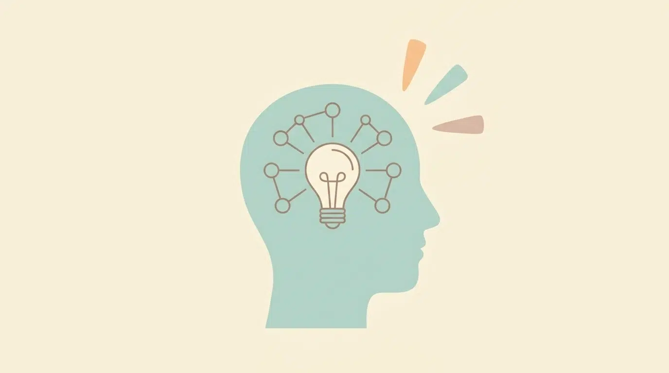 A minimal vector illustration of a head with a lightbulb and nodes, symbolizing critical thinking and mental clarity.
