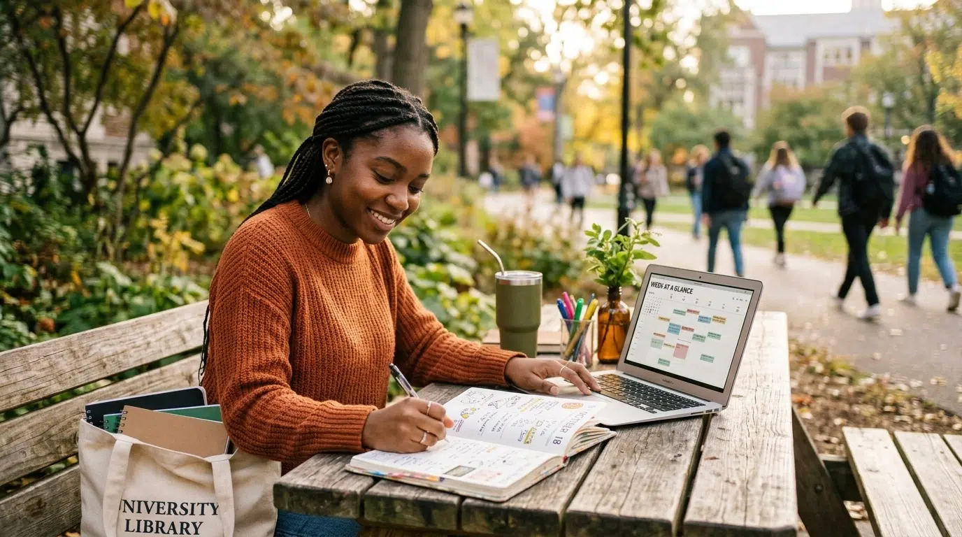 Diverse student using a planner and laptop at an outdoor park table with coffee and greenery nearby