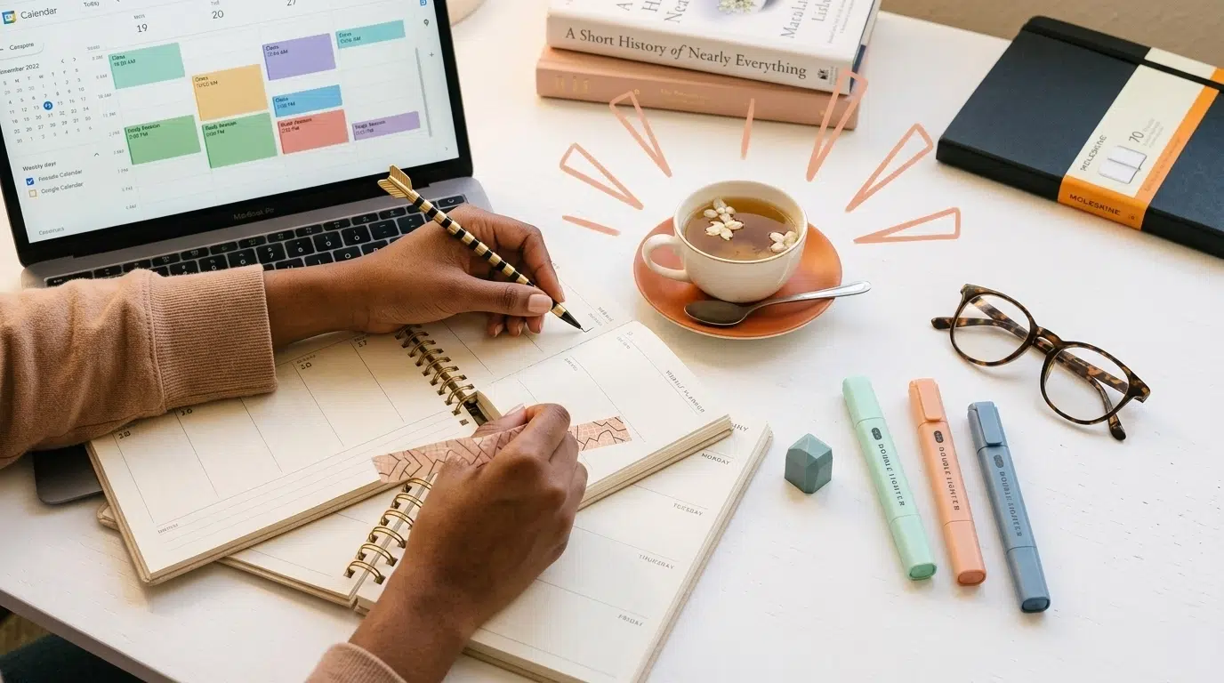A close-up of a student's hands organizing a weekly planner on a clean white desk with highlighters and tea.