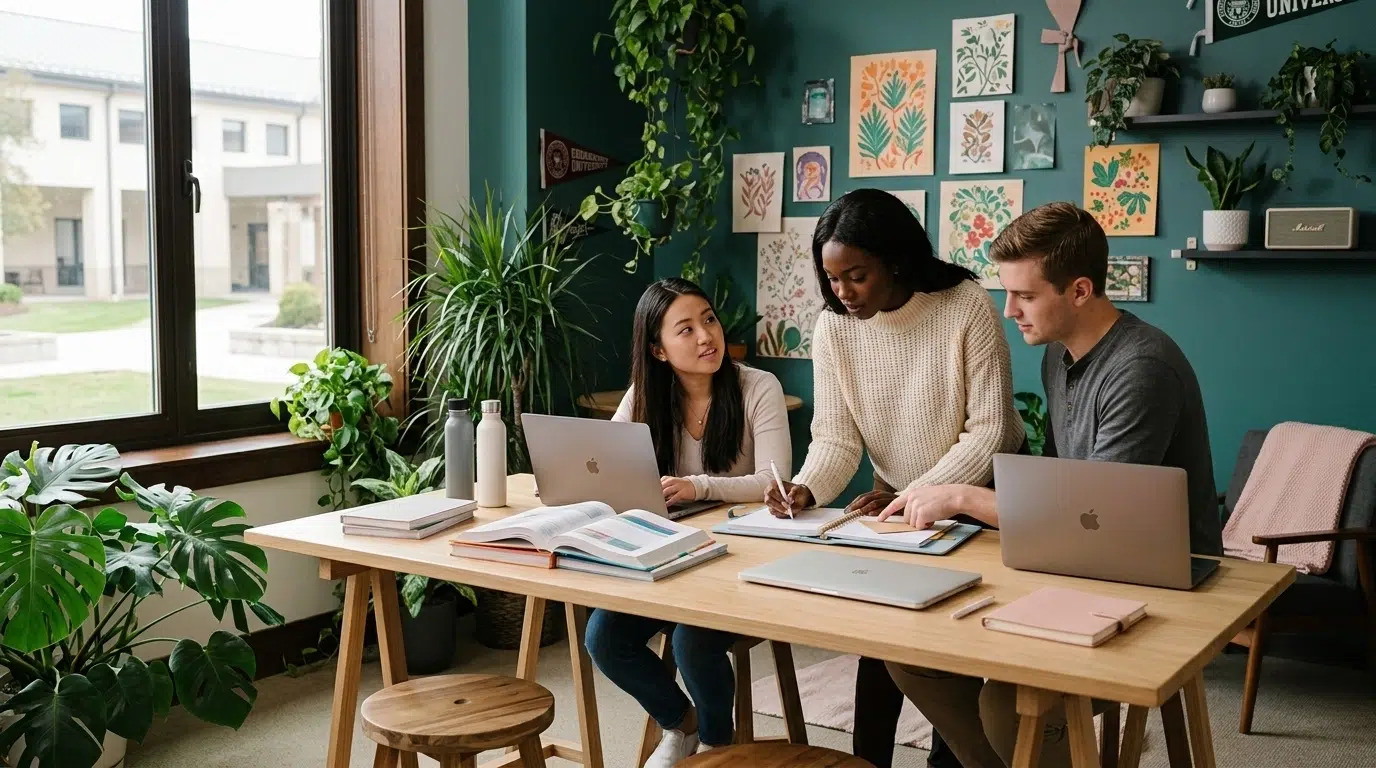 A diverse group of college students studying together in a bright, minimalist university lounge with natural lighting.