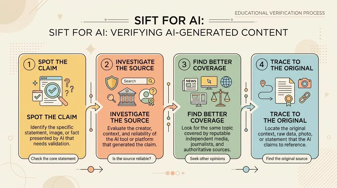 A clean vector infographic showing the full SIFT for AI process with four clear steps, icons, arrows, and callout boxes to help you fact-check claims and trace original sources.