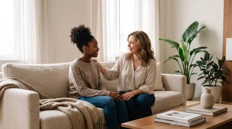 Two women sit on a beige couch in a bright living room, smiling and talking. One woman has her hand on the others shoulder. There are plants, a coffee table with books, and a cozy blanket.