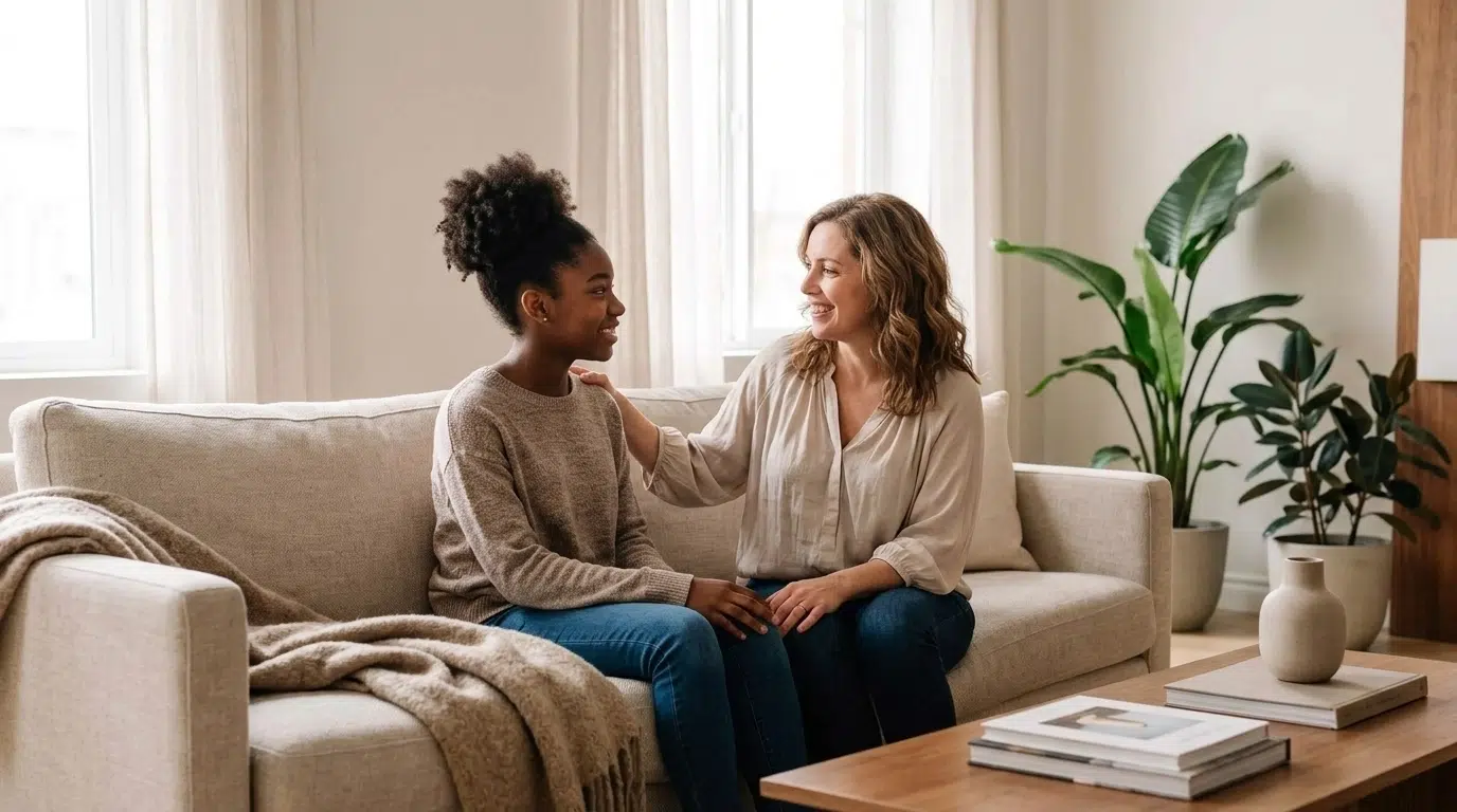 Two women sit on a beige couch in a bright living room, smiling and talking. One woman has her hand on the others shoulder. There are plants, a coffee table with books, and a cozy blanket.