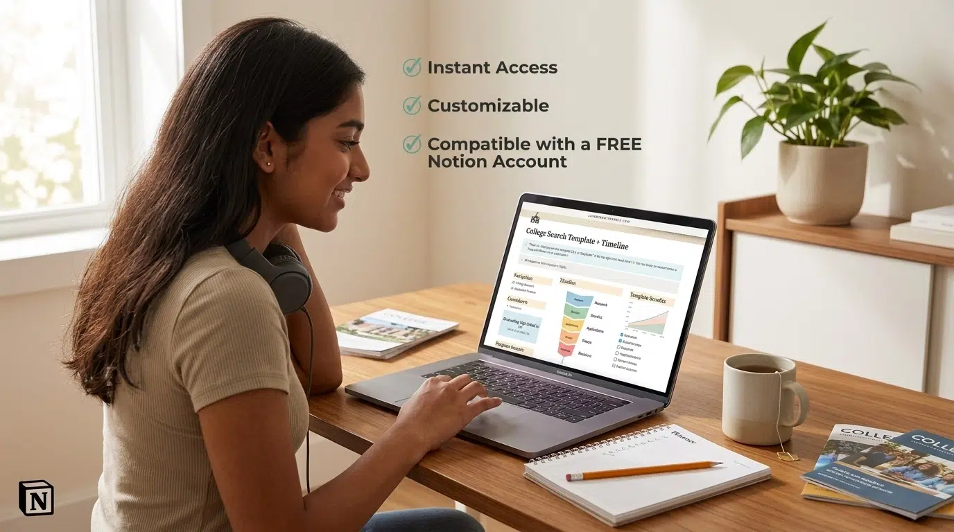 A diverse student uses the Learning With Angie Notion template in a minimalist study space with natural light. The laptop screen shows a structured dashboard with a checklist, progress visuals, and a clear planning layout, while nearby desk items keep the scene relatable and warm.