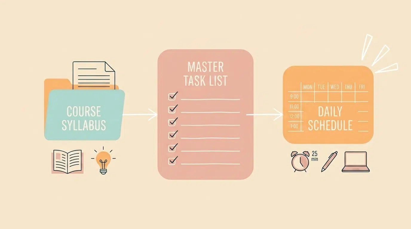 A clean vector illustration showing the flow from Course Syllabus to Master Task List to Daily Schedule.