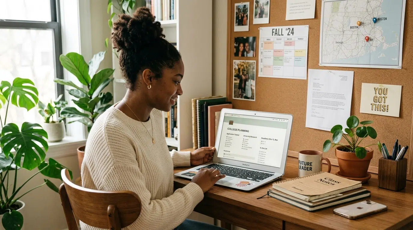A student viewing a college planning Notion template on a laptop in a minimalist home office