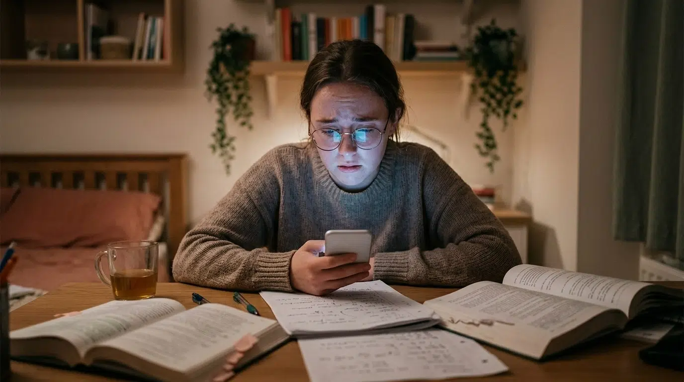 A student looking overwhelmed by the blue light of a smartphone in a dark room.