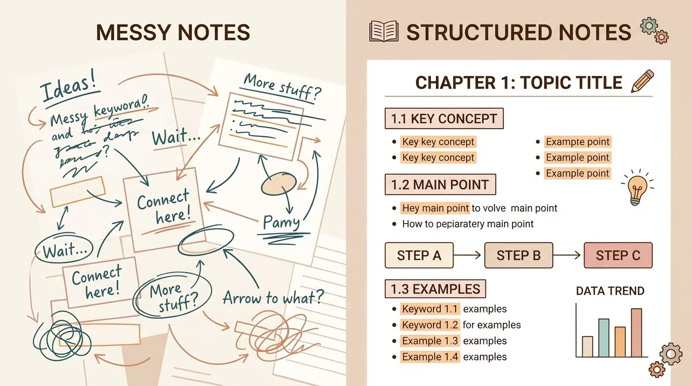 A clean, minimal vector illustration compares messy notes and structured notes. The left side shows scattered ideas and tangled arrows, while the right side shows a clear title, subheadings, bullet points, highlighted keywords, and a simple information-flow chart in a warm pastel palette.