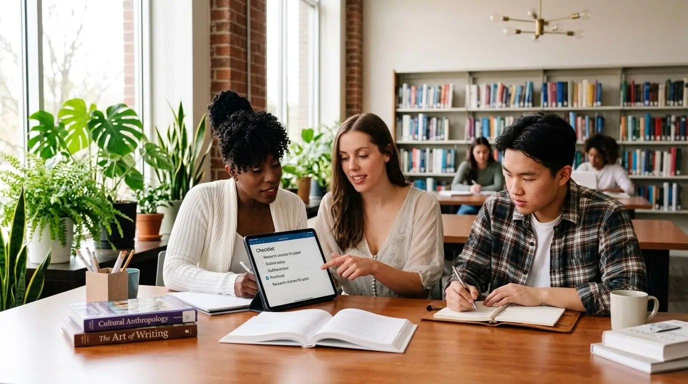 A group of college students studying together in a modern, plant-filled library, collaborating with a checklist.