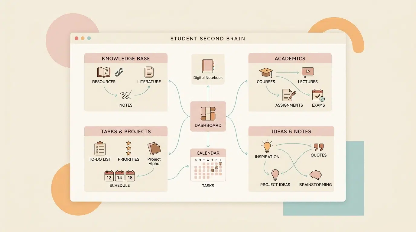 Minimalist vector illustration of a digital student second brain with connected notes and files