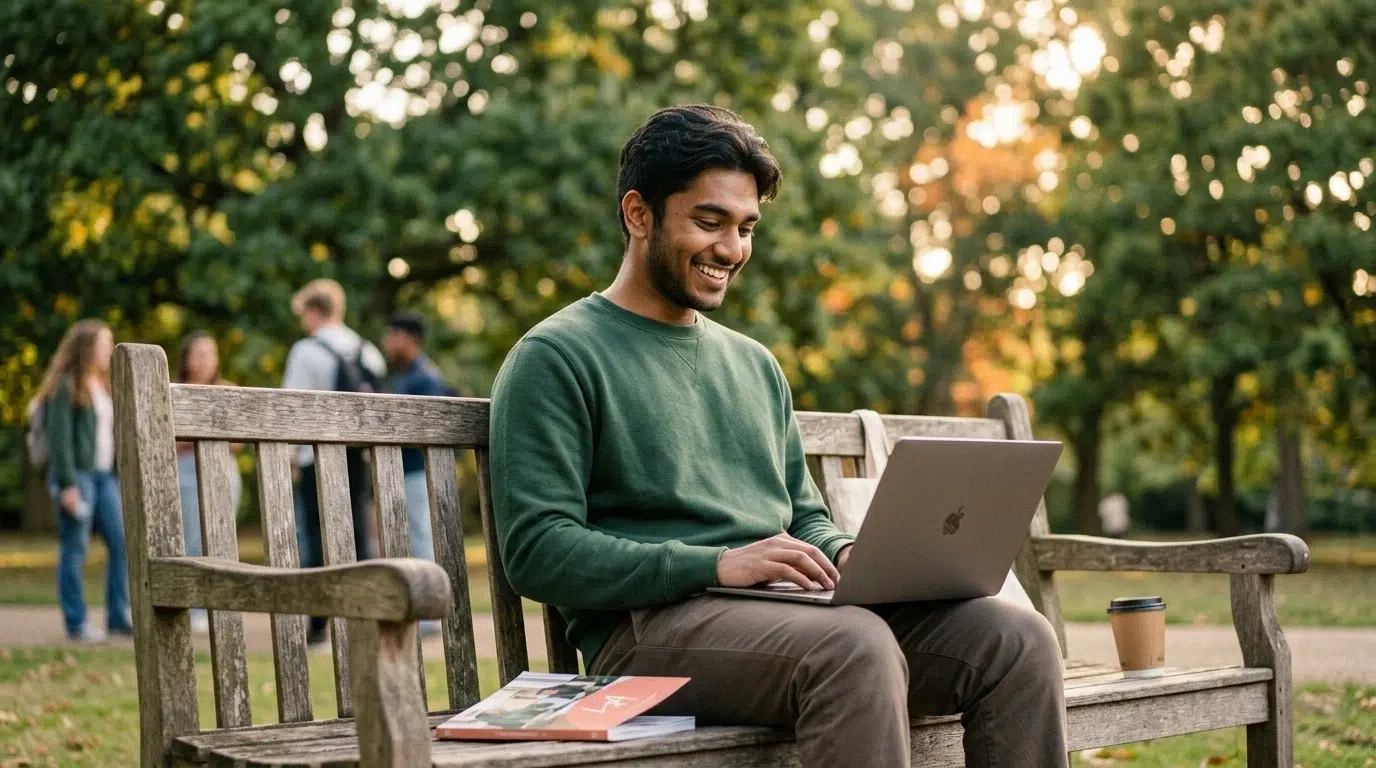 A South Asian student sitting in a park smiling at his laptop, showing relief and achievement